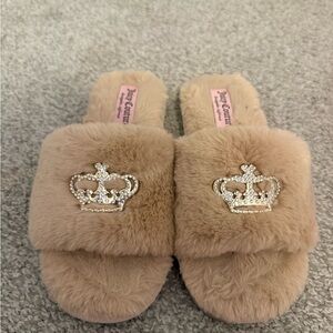 Juicy Couture Beige Fuzzy Slippers with Rhinestone Crown